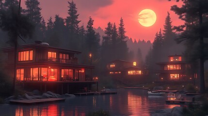 Illuminated Lakeside Cabins During Sunset in a Forest