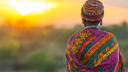 African Woman Sunset Beaded Headwrap Colorful Clothing