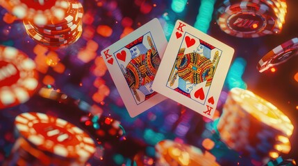 King of Hearts Casino Night:  A vibrant digital illustration of two King of Hearts playing cards soaring amidst a flurry of poker chips, creating a dynamic and exciting casino atmosphere.
