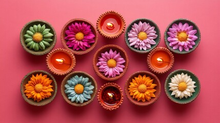 Colorful Flower Decorated Diya Candles Arranged on Pink Background