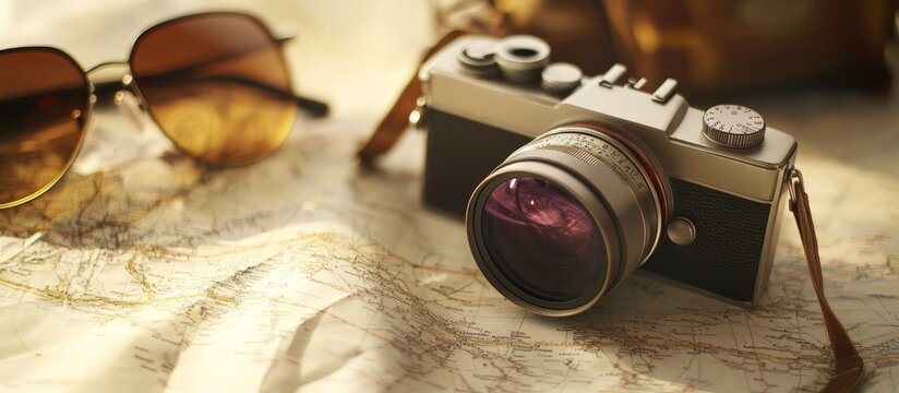 A vintage camera, sunglasses, and a travel map on a white background