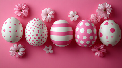 A vibrant pattern of pink and white Easter eggs scattered across a soft pink background representing chaos and the playful nature of the holiday season


