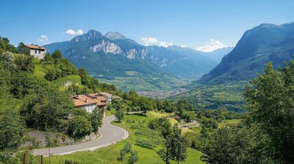 A road with hairpin turns surrounded by lush greenery, dramatic views of the Alps