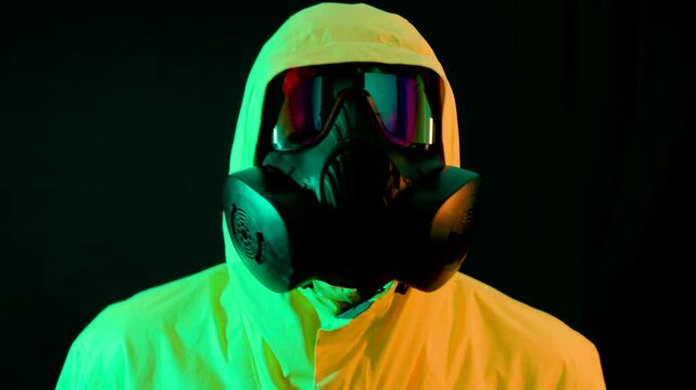 Cyberpunk raver in gas mask saying no with head movement under neon split lighting