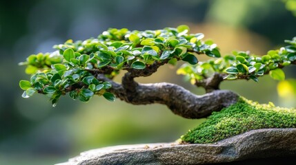 Naklejka premium Lush Green Bonsai Tree In Natural Setting