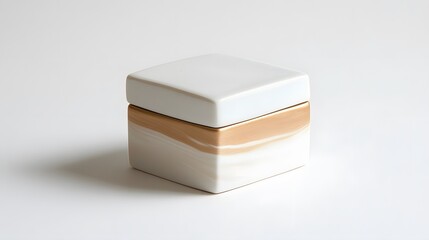 A small white and gold ceramic box, resting on a smooth white background