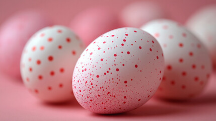 A vibrant pattern of pink and white Easter eggs scattered across a soft pink background representing chaos and the playful nature of the holiday season

