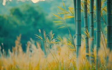 Serene Bamboo Grove: Teal stalks sway gently in a warm breeze, creating a tranquil and peaceful atmosphere. Golden grasses add to the scene's beauty.