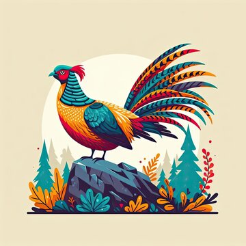 Lophophores, Himalayan monal Illustration. Dafe National Bird of Nepal.

