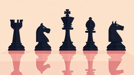 Strategic Masterpieces: Chess pieces in minimalist design reflecting on a subtle surface 
