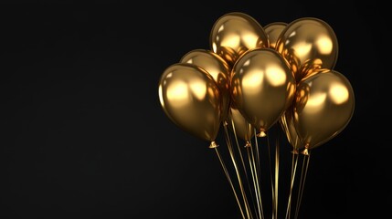 Obraz premium Shiny Gold Balloons Group on Black Background for Celebrations