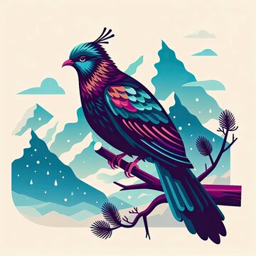 Lophophores, Himalayan monal Illustration. Dafe National Bird of Nepal.
