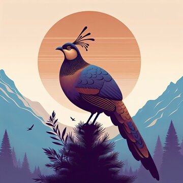 Lophophores, Himalayan monal Illustration. Dafe National Bird of Nepal.
