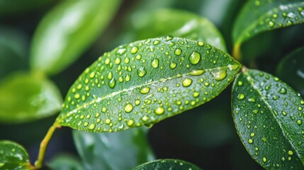 Green Leaf Covered in Dew Drops of Water