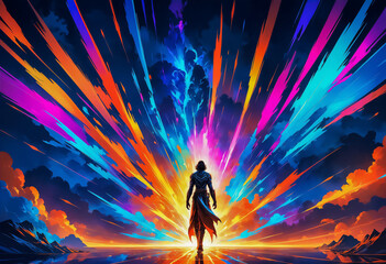 虹色の光に向かって歩く英雄,AI画像,Generative AI