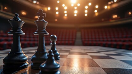 Strategic Showdown: Chess pieces on a grand stage, a dramatic image representing strategy, competition, and calculated moves in a high-stakes game.