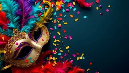 Fototapete Rund Brightly colored carnival mask with feathers, contrasting beautifully against a blue background © Tahubulat