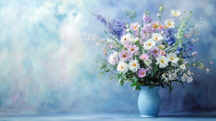 A Blue Vase Holds A Bouquet Of Delicate Summer Flowers