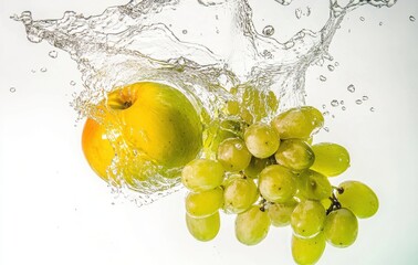 Fresh Apple and Green Grapes Splashing in Clear Water