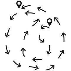 Location map icon. Arrow path symbol. Direction vector shape. Black navigation design.