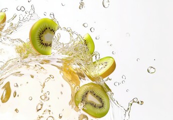 Fresh Kiwi Slices Splashing into Clear Water Creating Bubbles