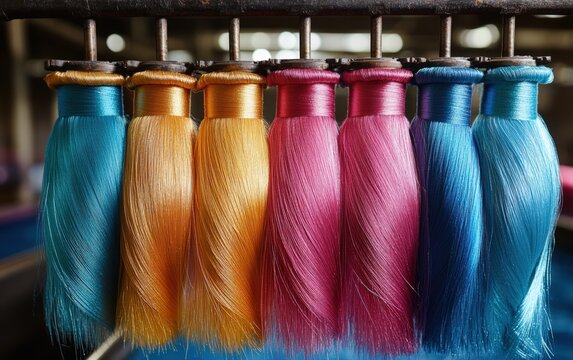 Vibrant silk threads dyed in rich jewel tones hang from a vintage dyeing machine, a mesmerizing display of color and textile artistry.