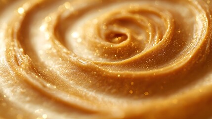 Creamy peanut butter swirl in macro shot. Smooth spiral texture with rich golden color. Extreme close-up of butter-like consistency. Natural lighting on silky smooth surface. Gourmet food styling.