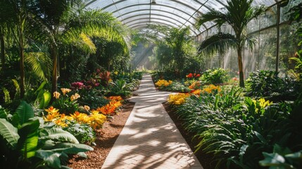 Sunlit Greenhouse Path Amongst Vibrant Tropical Flowers