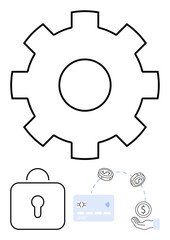 Gear with lock, credit card, and floating currency above hand. Ideal for finance, security, technology, transactions, operations data protection system management themes. Line metaphor