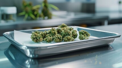 Fresh Cannabis Buds on Metal Tray in Laboratory Setting