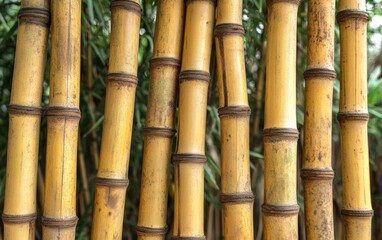 Fototapeta premium Golden Bamboo Grove: A serene close-up of nature's elegant stalks, showcasing textured details and calming hues. Perfect tranquility.