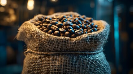 Fresh roasted coffee beans in burlap sacks. Rustic coffee shop atmosphere with warm lighting. Vintage bokeh background showcasing artisanal coffee beans. Moody dark tones in commercial photography.