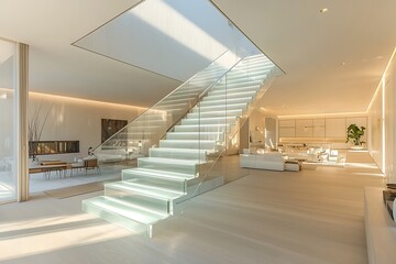Fototapeta premium A minimalist luxury staircase featuring clear glass steps and stainless steel railings, offering a contemporary design that exudes sophistication.
