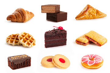 Various cake collection. Bakery and sweet dessert pastries isolated on white background.