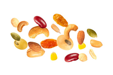 Mix nuts. Different falling isolated on white background.