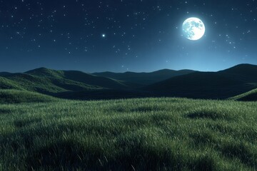 Serene Night Scene Over Rolling Green Hills Underneath a Full Moon and Stars