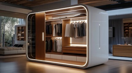 Fototapeta premium Modern minimalist wardrobe with LED lighting and sliding doors in a luxury bedroom.