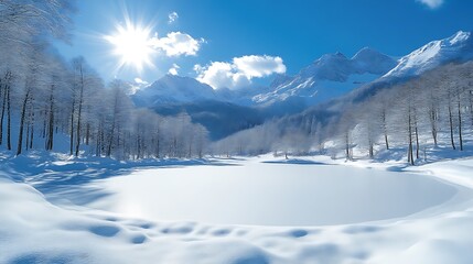 Sunlit Winter Landscape Frozen Lake And Majestic Mountains