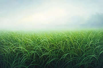 Obraz premium Lush Green Grass Field Under Misty Morning Sky