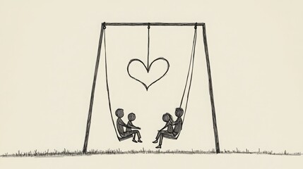 A sweet illustration of two couples on a swing set, with a heart hanging above them.