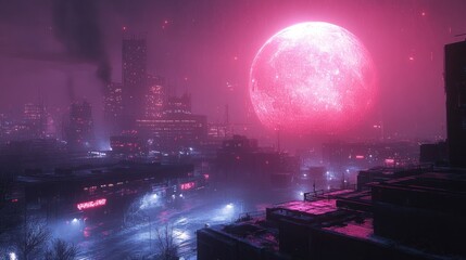 Obraz premium A futuristic cityscape illuminated by a large pink moon, creating a surreal atmosphere.