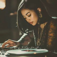 Generative AI asian young beautiful woman playing turn table	
