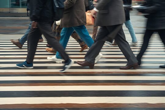 Busy walking. Close-up of people's feet busy walking across zebra lines - Powered by Adobe