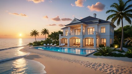 Fototapeta premium Luxury villa on the beach with sunset view, cartoon 