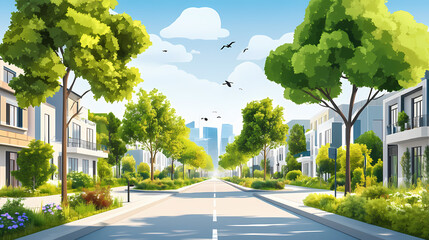 Naklejka premium Treelined streets and green infrastructure for sustainable urban water management city planning concept. Treeline. Illustration