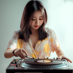 Generative AI asian young beautiful woman playing turn table	
