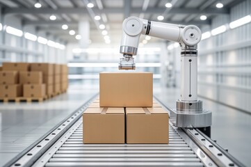 A robotic arm is carefully placing a jar on a stack of cardboard boxes on a conveyor belt in a well-lit warehouse, demonstrating advanced automation in packaging operations.