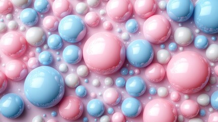 Colorful spheres in pink, blue, and white create a playful, abstract design.