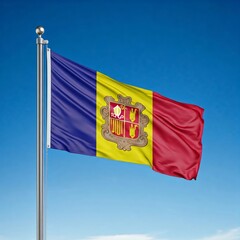national flag of andora waving against blue sky, official flag of the nation, blowing in the wind