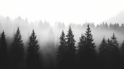 Silhouette of a coniferous forest with tall evergreen trees in misty winter landscape. Treeline. Illustration